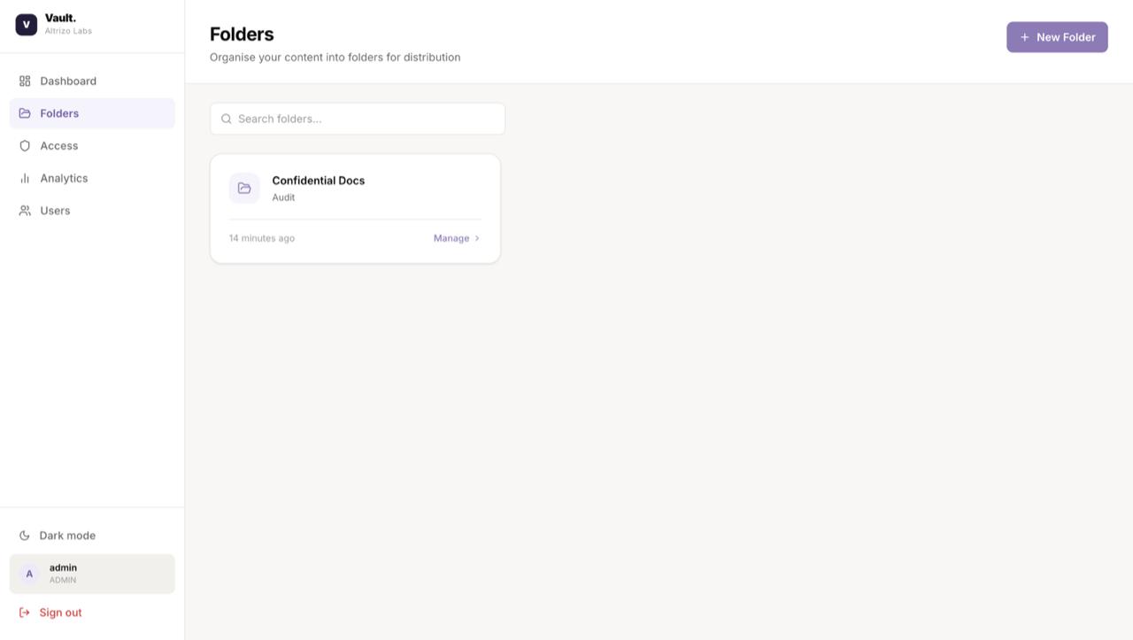 Vault web dashboard showing folder organisation